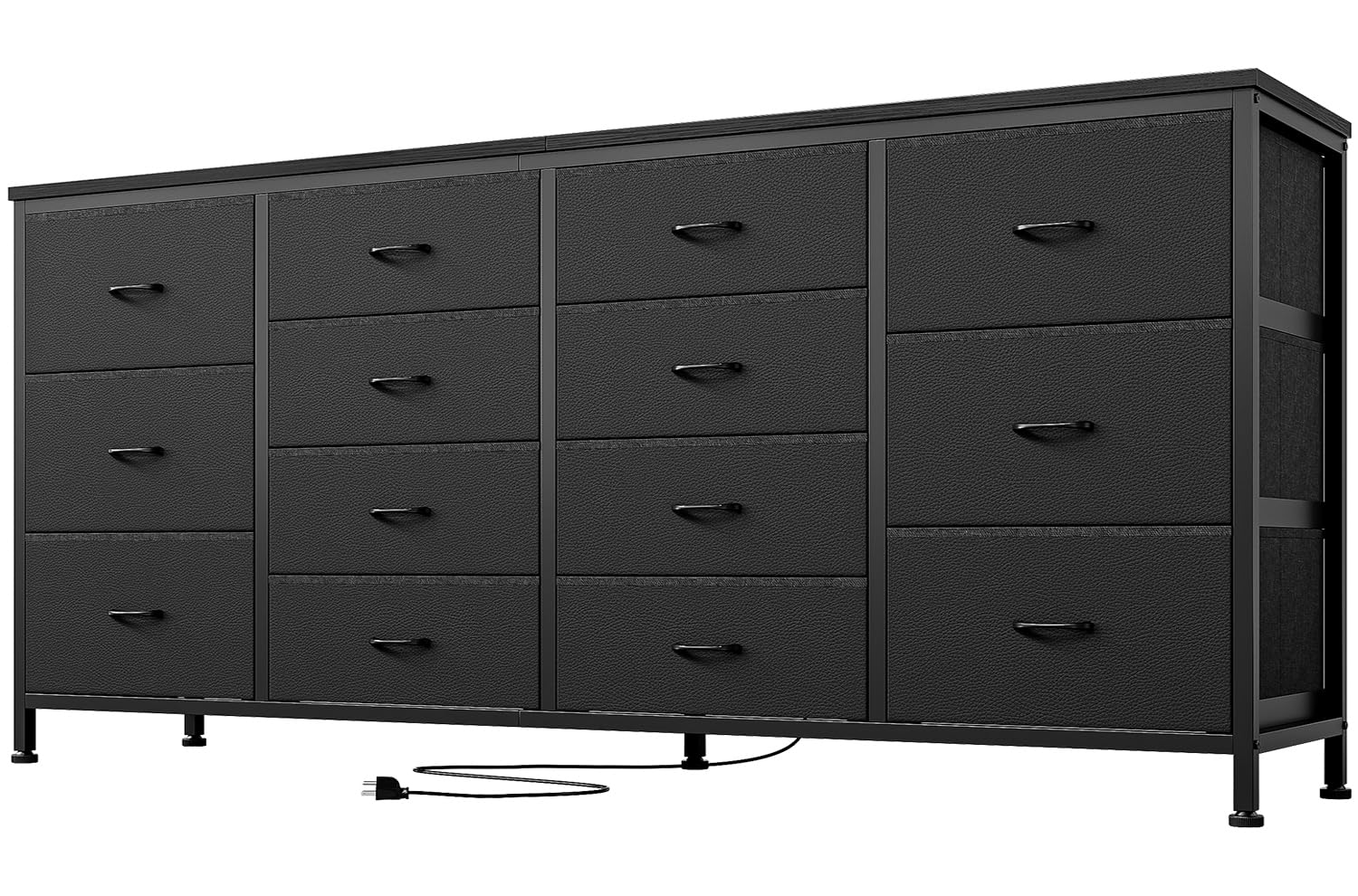 Meuble TV Garvee noir de 160 cm de large avec 14 tiroirs, prises électriques et revêtement en tissu pour salon et chambre.