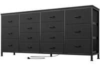Meuble TV Garvee noir de 160 cm de large avec 14 tiroirs, prises électriques et revêtement en tissu pour salon et chambre.