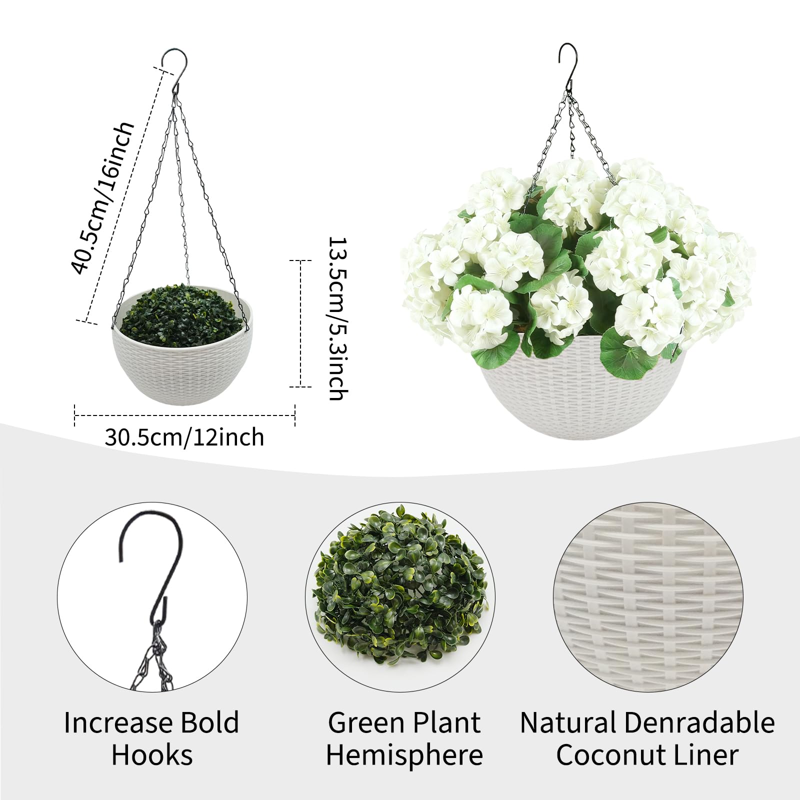 Ensemble de géraniums artificiels Garvee, résistant aux intempéries, 2 paniers, blanc, pour la décoration du jardin et de la terrasse
