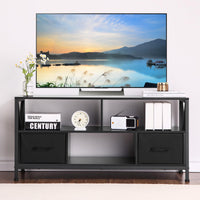 Meuble TV Garvee pour téléviseurs jusqu'à 50 pouces, avec 2 tiroirs en tissu et des étagères ouvertes, structure en acier, design moderne, noir, polyvalent.