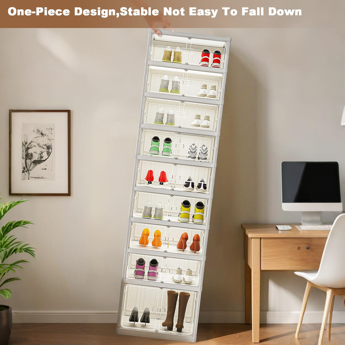 Étagère à chaussures pliable Garvee à 9 niveaux avec portes transparentes empilables, idéale pour l'entrée et le salon. Robuste, facile à nettoyer et équipée de roulettes. Couleur : marron.