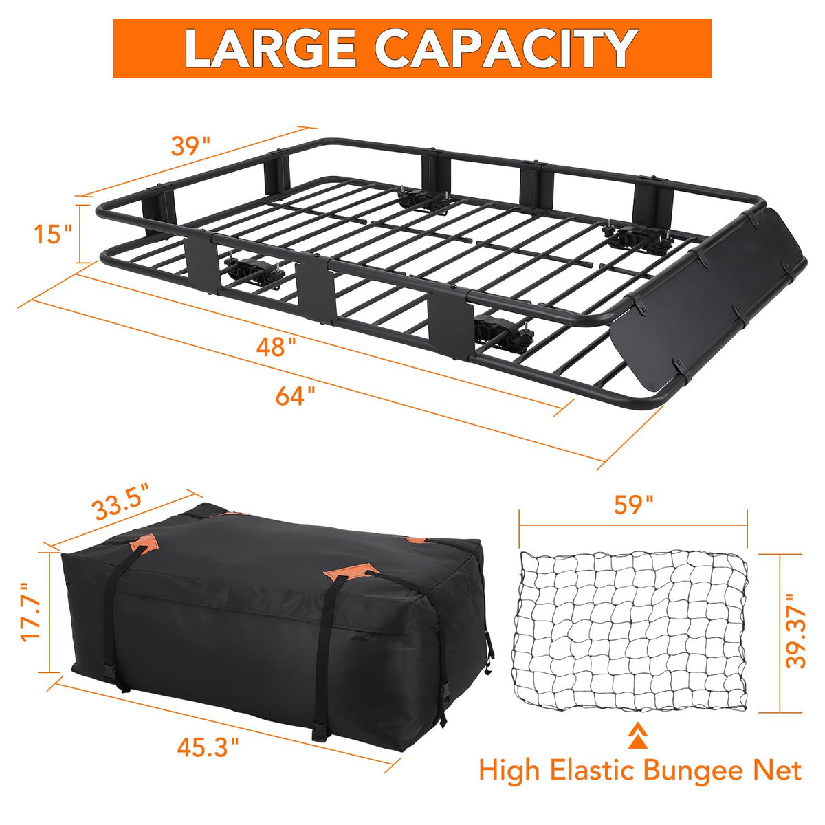 Garvee Panier de toit universel 163x99x15cm, charge 91kg, acier Q235 avec sac étanche, filet, sangles et antivol pour SUV et pick-up, noir