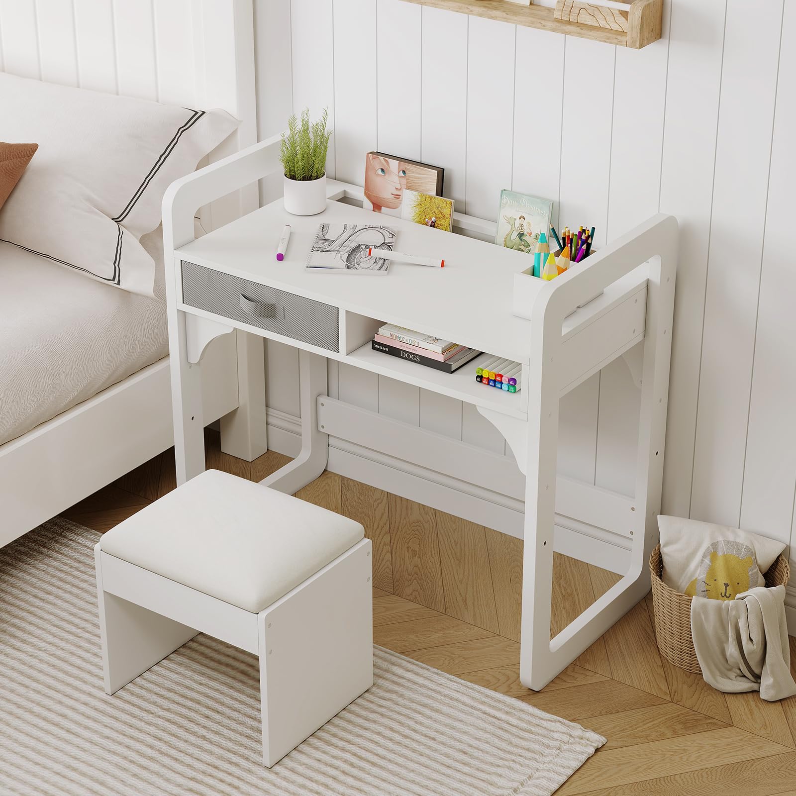 Ensemble bureau et chaise pour enfants Garvee avec rangement, tabouret rembourré en PU, bois, robuste et durable, blanc, chambre et salle de jeux