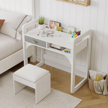 Ensemble bureau et chaise pour enfants Garvee avec rangement, tabouret rembourré en PU, bois, robuste et durable, blanc, chambre et salle de jeux