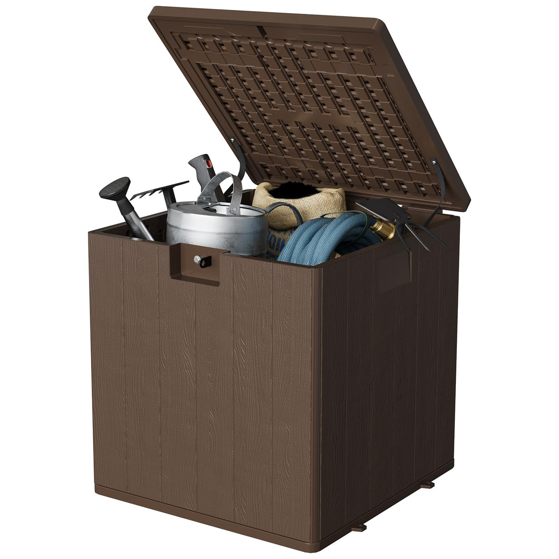 Coffre de jardin Garvee 28 gallons en résine - Résistant aux intempéries et aux UV - Verrouillable et portable - Marron - Pour jardin et terrasse