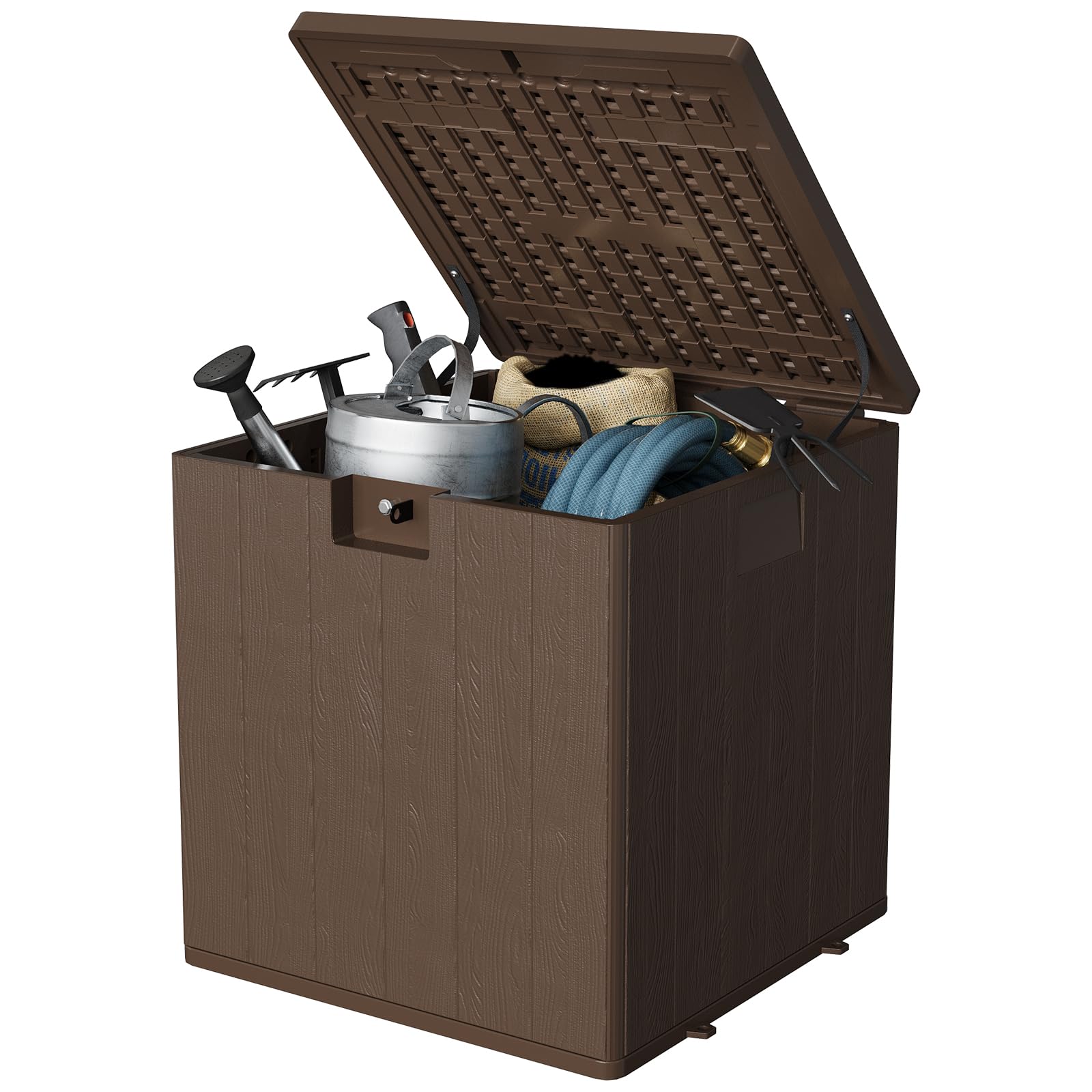 Coffre de jardin Garvee 28 gallons en résine - Résistant aux intempéries et aux UV - Verrouillable et portable - Marron - Pour jardin et terrasse