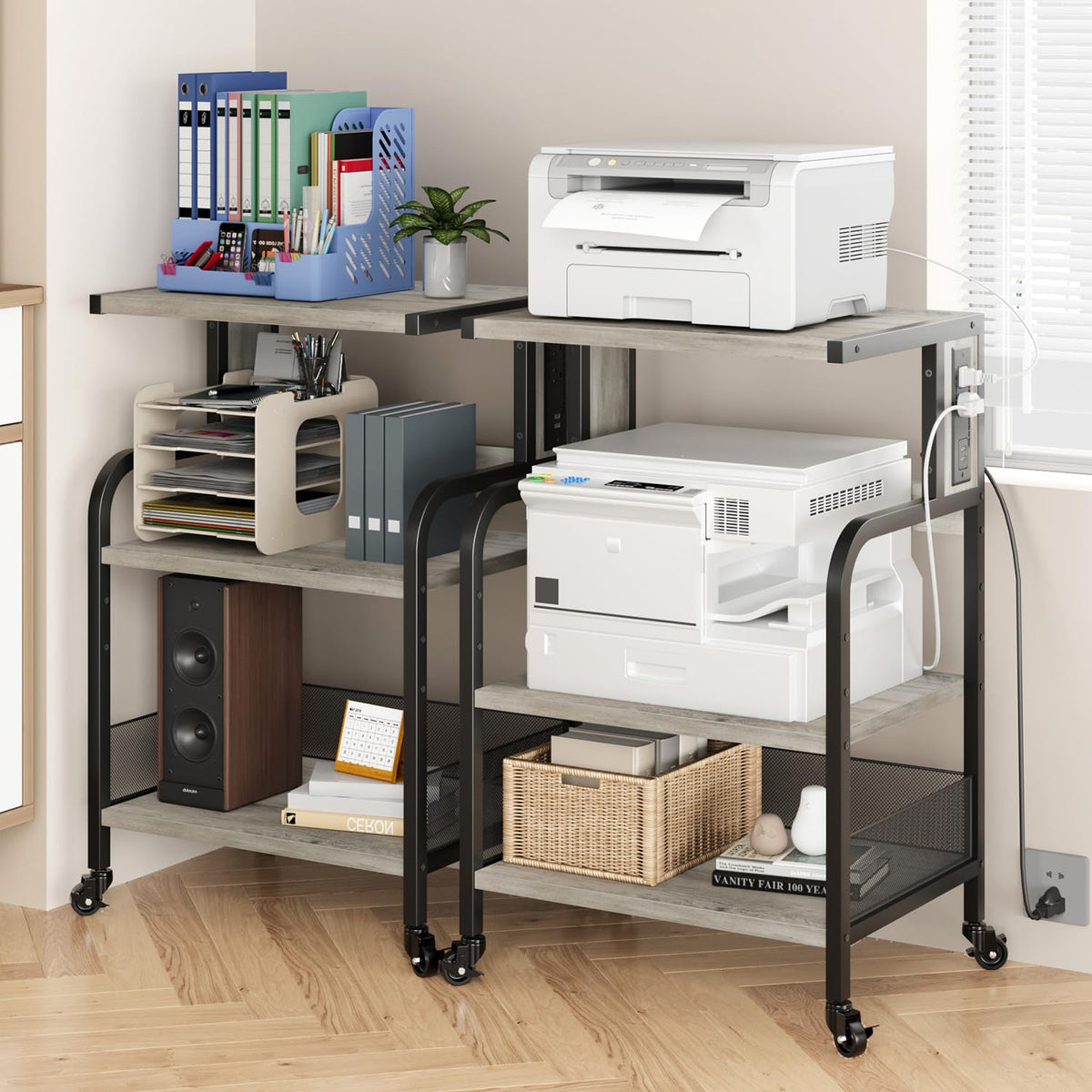 Garvee support d'imprimante avec fonction de chargement, structure en métal, hauteur réglable, pour le bureau et la maison, 52 × 40 × 80 cm, vert