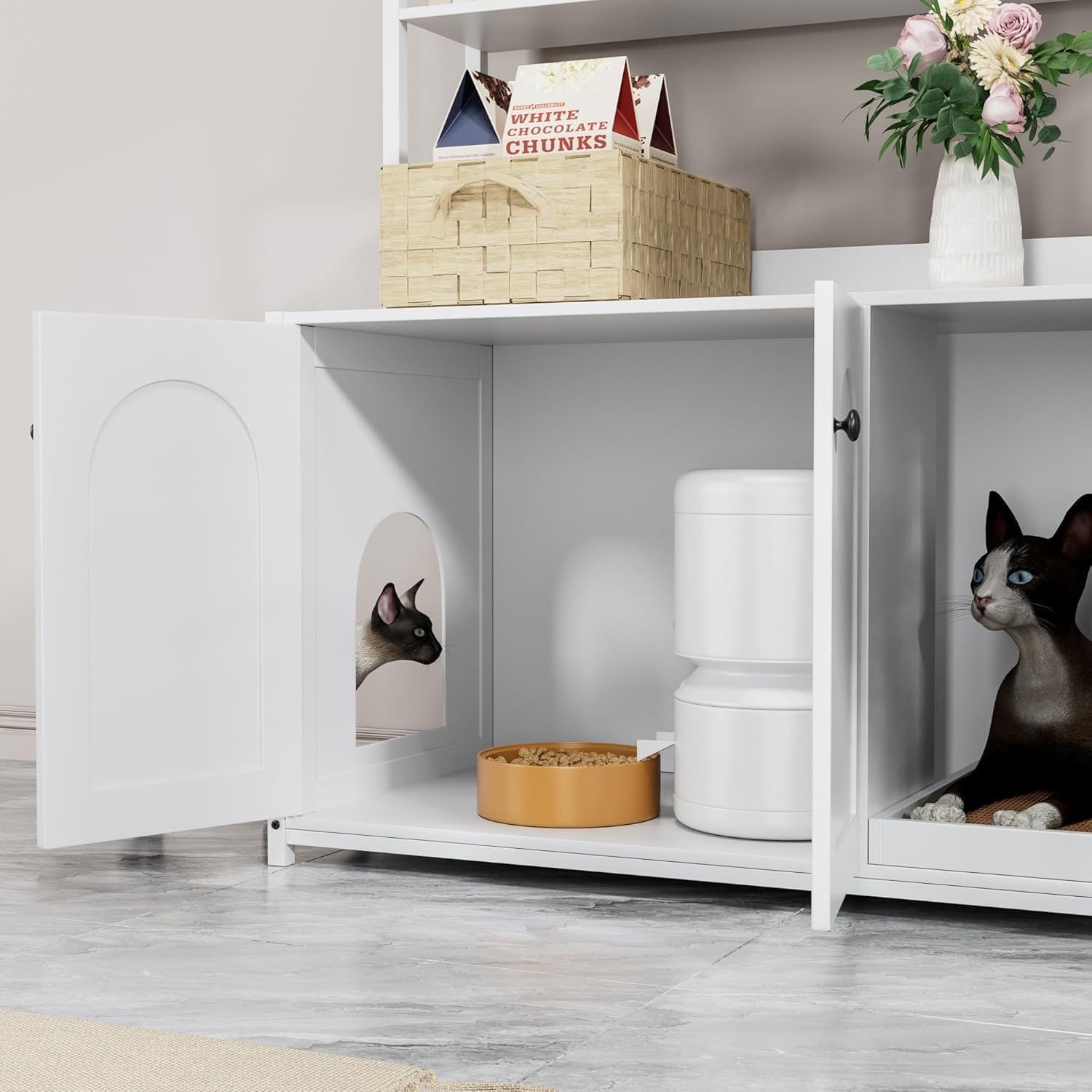 Garvee enclos pour bac à litière avec 2 portes et griffoir, MDF et acier, 3 étagères, blanc, pour le salon et la chambre, 57 cm × 42 cm × 55 cm