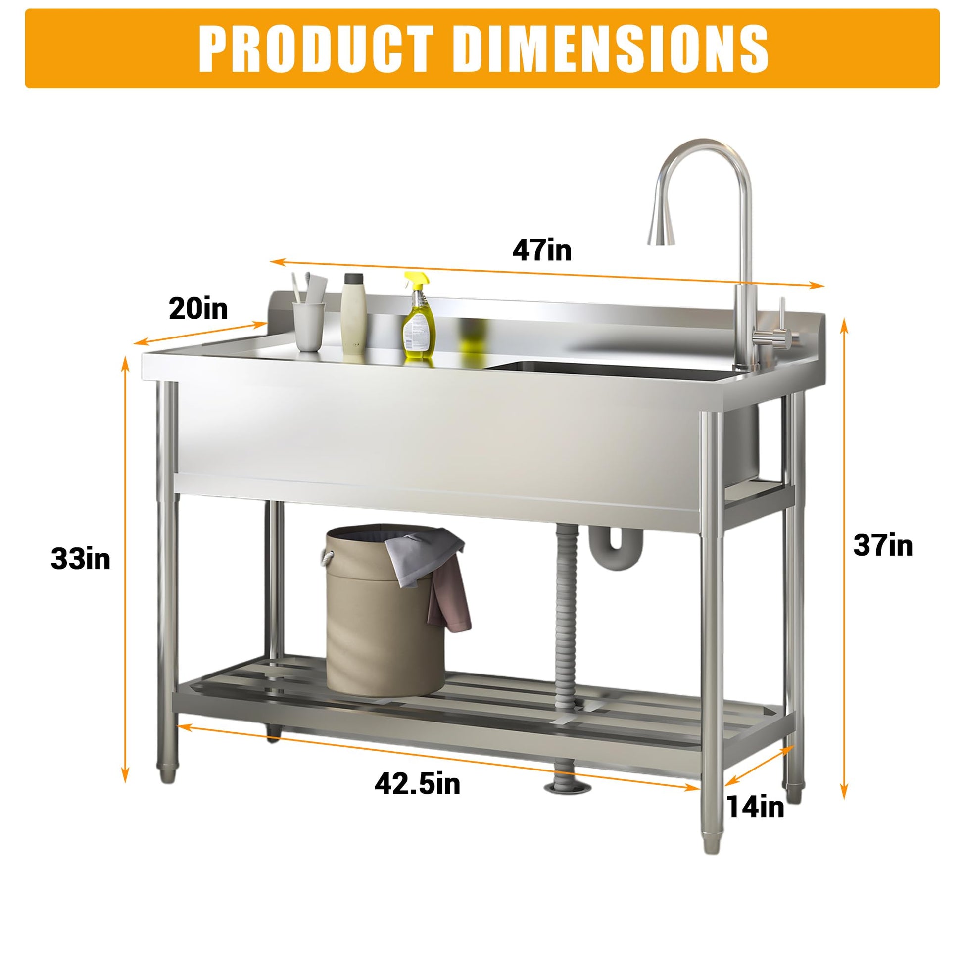 Garvee Évier Utilitaire en Acier Inoxydable 120 × 51 × 92 cm, Grand Bac Unique avec Douchette et Robinet Extractible, pour Cuisine, Jardin et Buanderie