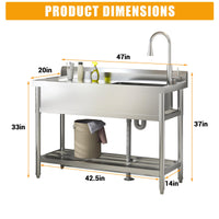 Garvee Évier Utilitaire en Acier Inoxydable 120 × 51 × 92 cm, Grand Bac Unique avec Douchette et Robinet Extractible, pour Cuisine, Jardin et Buanderie