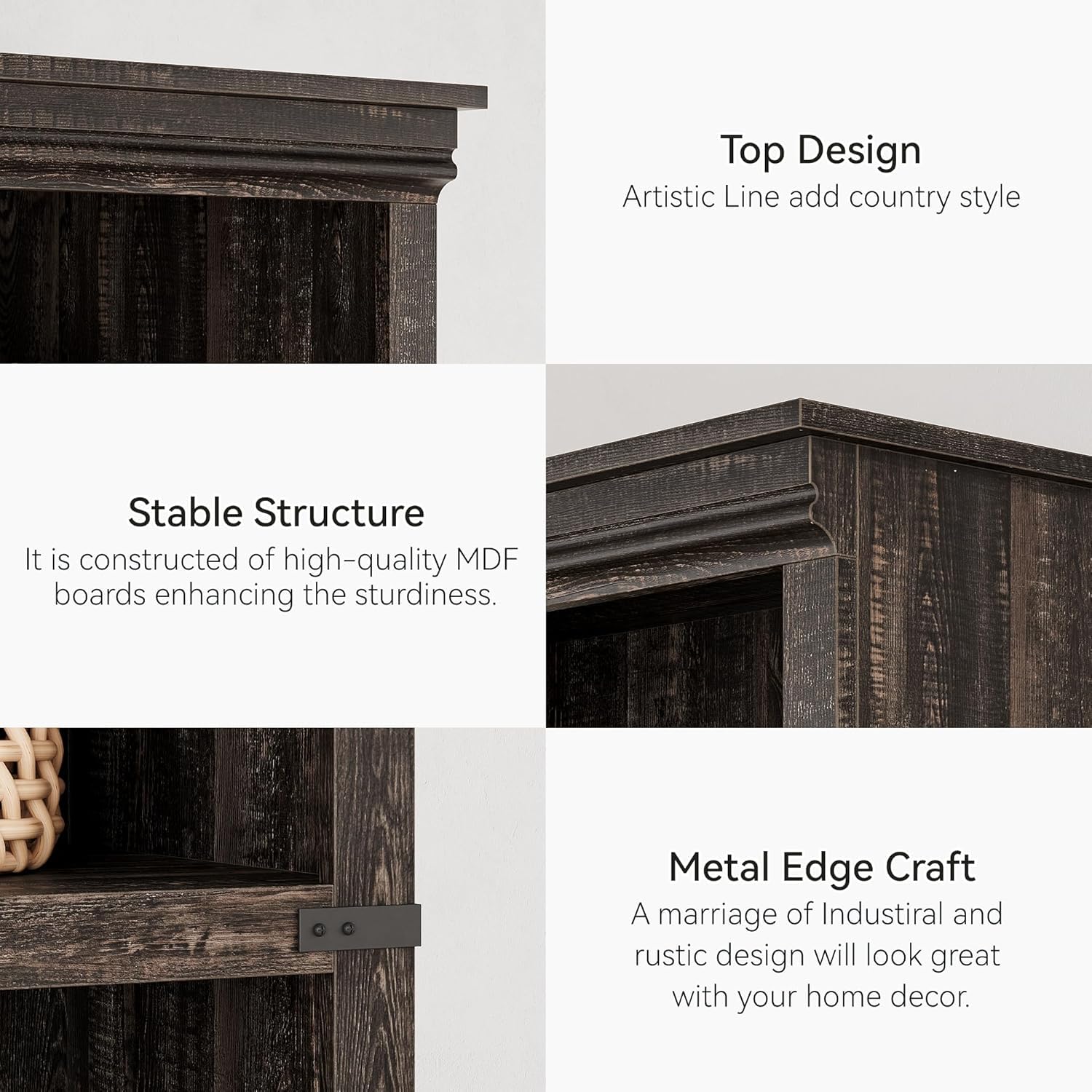 Étagère en bois Garvee à 5 niveaux (3+2 étagères), style ferme, en MDF et bois massif, marron, idéale pour le salon ou le bureau.