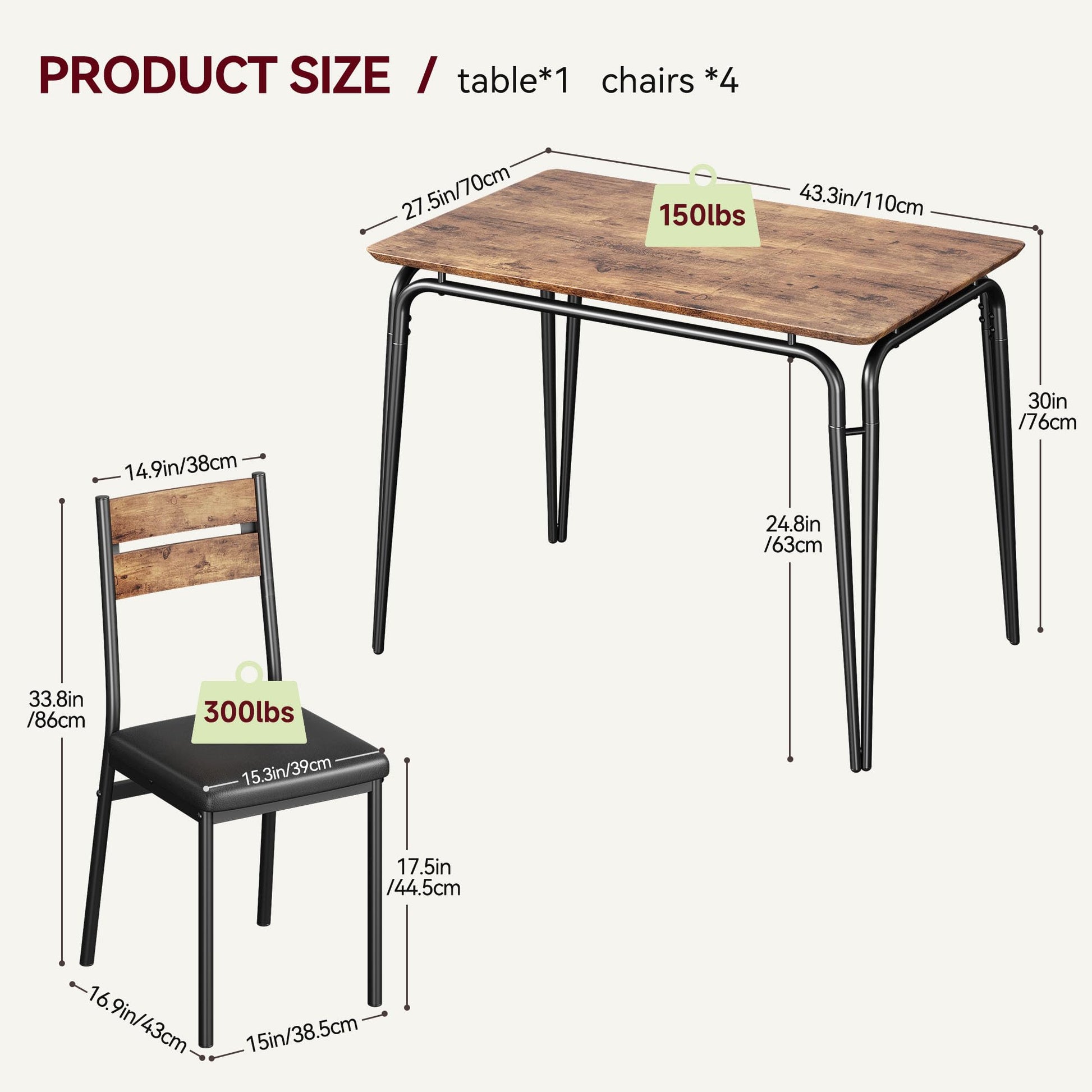 Ensemble table et chaises de salle à manger Garvee pour 4 personnes, carré, avec plateau en MDF, structure métallique robuste, gain de place, pour cuisine et salle à manger
