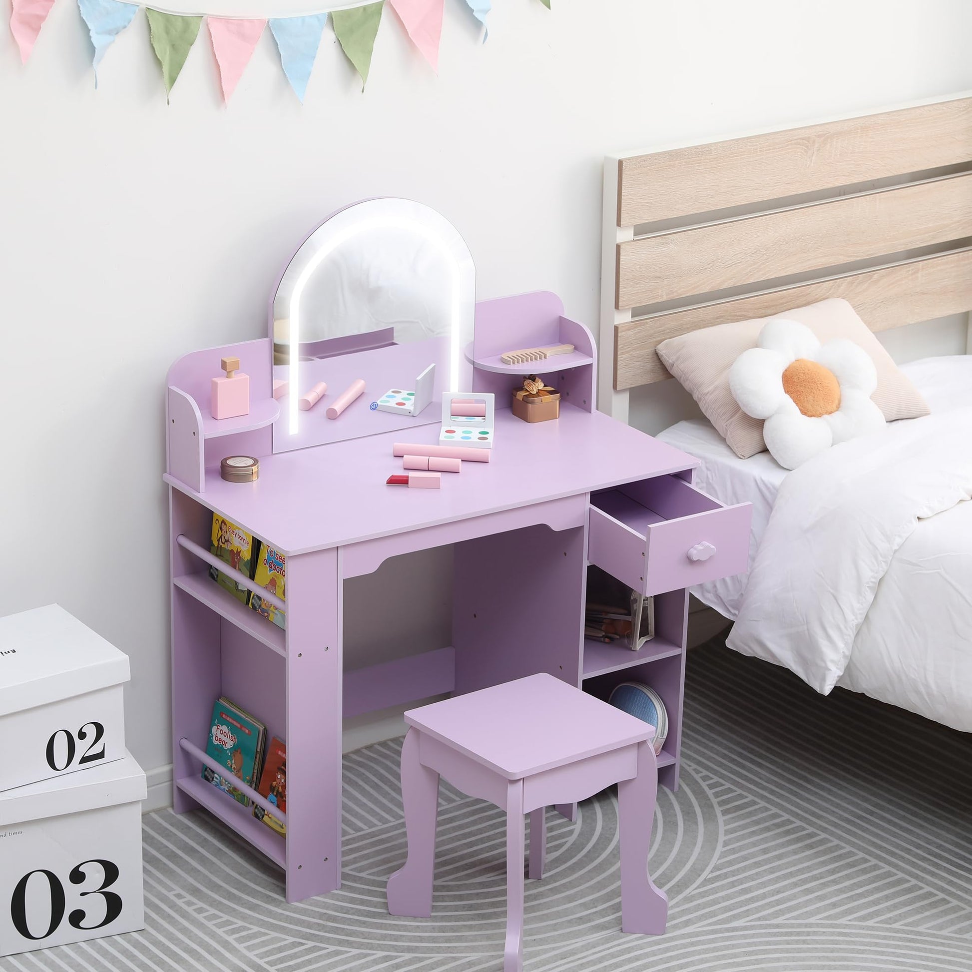 Coiffeuse Garvee pour enfants avec miroir lumineux, meuble-lavabo et tabouret 2 en 1, MDF, éclairage LED, espace de rangement, pour filles de 3 à 9 ans, chambre et salle de jeux