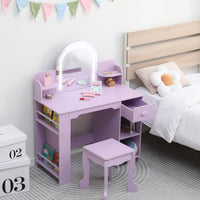 Coiffeuse Garvee pour enfants avec miroir lumineux, meuble-lavabo et tabouret 2 en 1, MDF, éclairage LED, espace de rangement, pour filles de 3 à 9 ans, chambre et salle de jeux