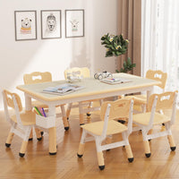 Garvee Ensemble Table et 6 Chaises pour Enfants, Hauteur Réglable, Plateau en Bois Motif Graffiti, Pieds Antidérapants, 120 × 60 cm, Bois Naturel
