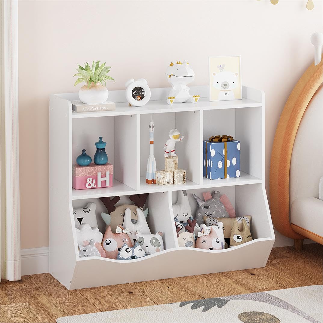 Bibliothèque pour enfants Garvee avec 3 compartiments ouverts et 2 boîtes basculantes, idéale pour la chambre et la salle de jeux. En bois naturel, 36 x 11 x 31 cm.