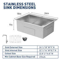 Garvee Évier de cuisine encastrable 61 x 46 x 23 cm en acier inoxydable, argenté, avec robinet extractible et accessoires pour cuisine moderne