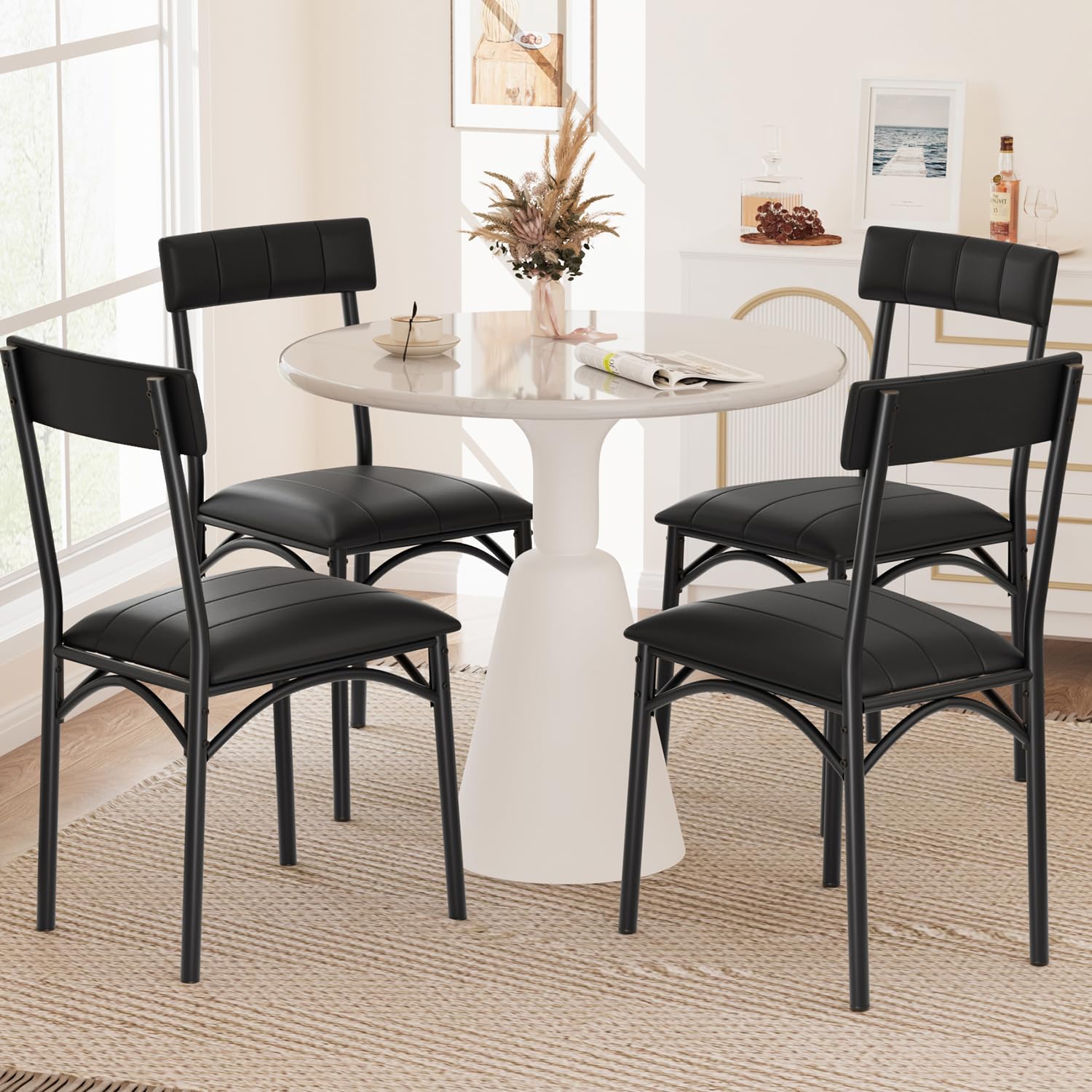 Garvee Lot de 2 chaises de salle à manger rembourrées, revêtement en cuir PU noir, dossier confortable, montage facile, pour cuisine, salon et appartement