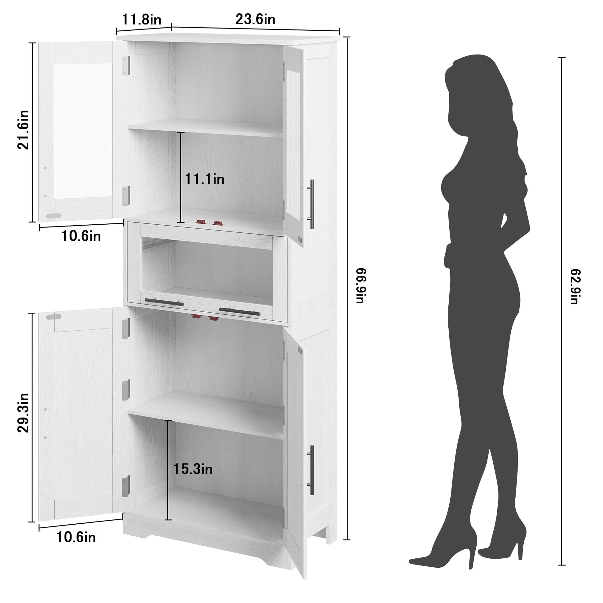 Armoire de salle de bain haute Garvee avec portes vitrées, étagères réglables, MDF, blanche, pour cuisine et salon, 60 x 30 x 170 cm