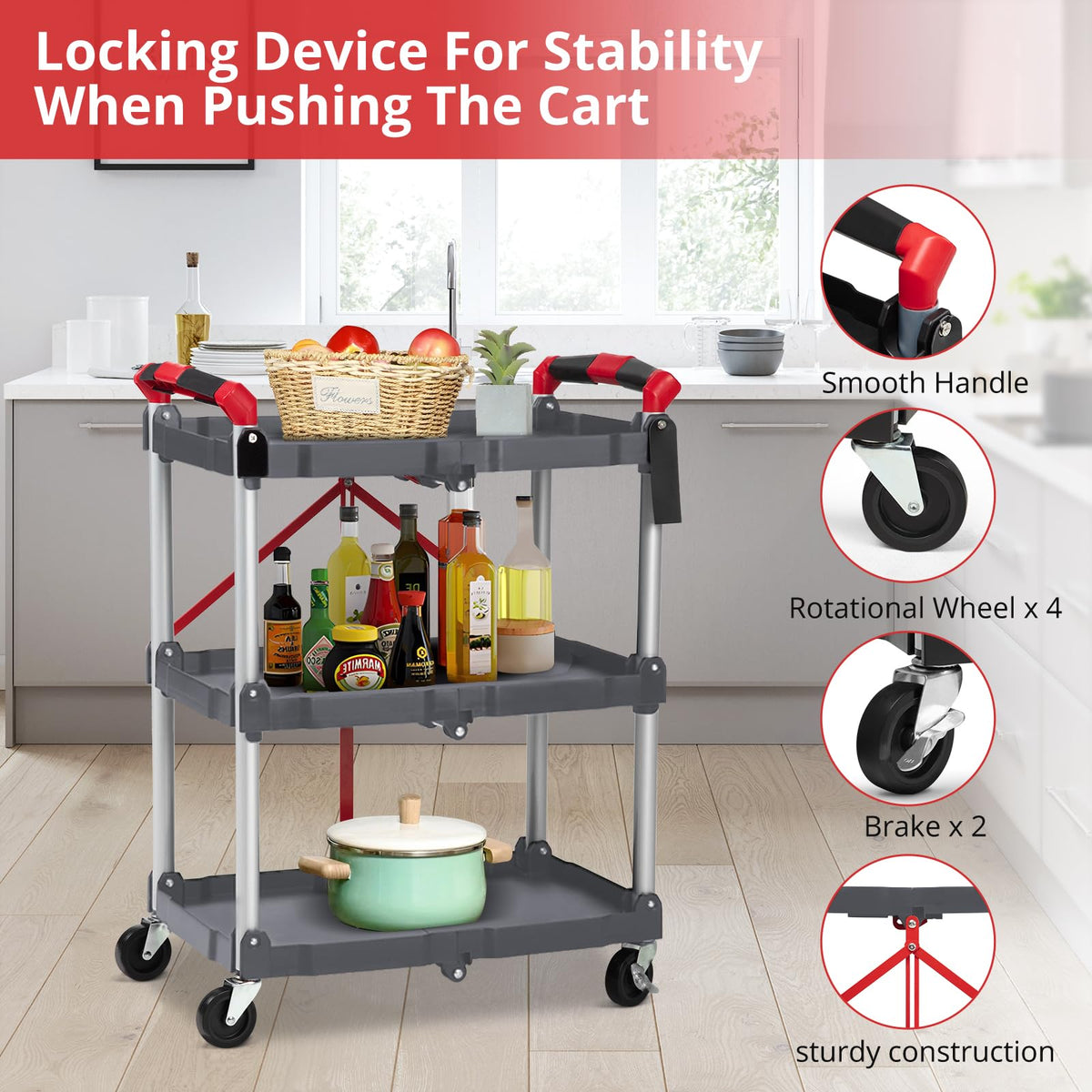 Garvee Chariot de service pliable à 3 niveaux - structure légère en aluminium, capacité de charge de 25 kg, gris