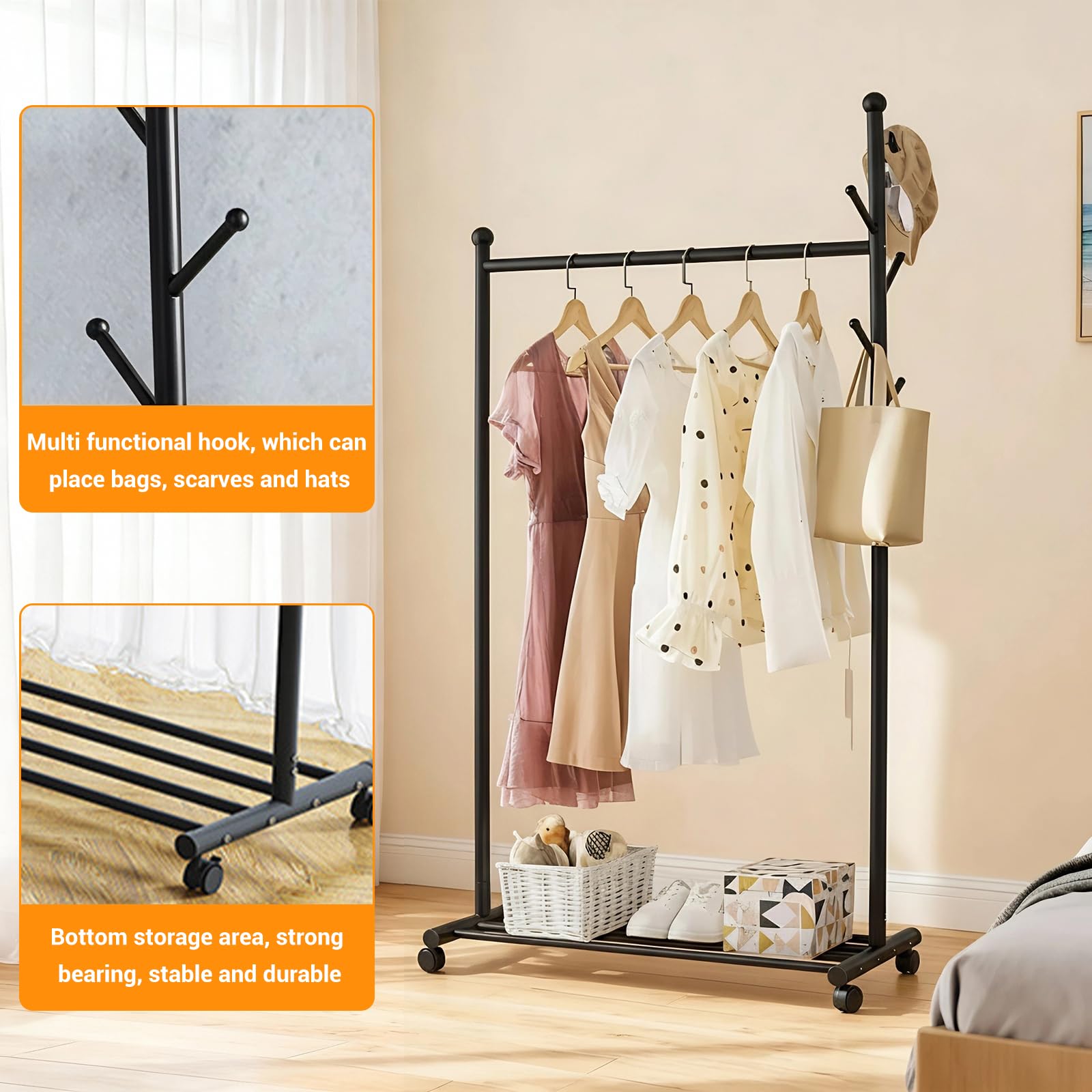Portant à vêtements en métal Garvee avec roulettes, capacité de charge de 54 kg, roulettes pivotantes à 360°, noir, pour chambre et salon, robuste et mobile