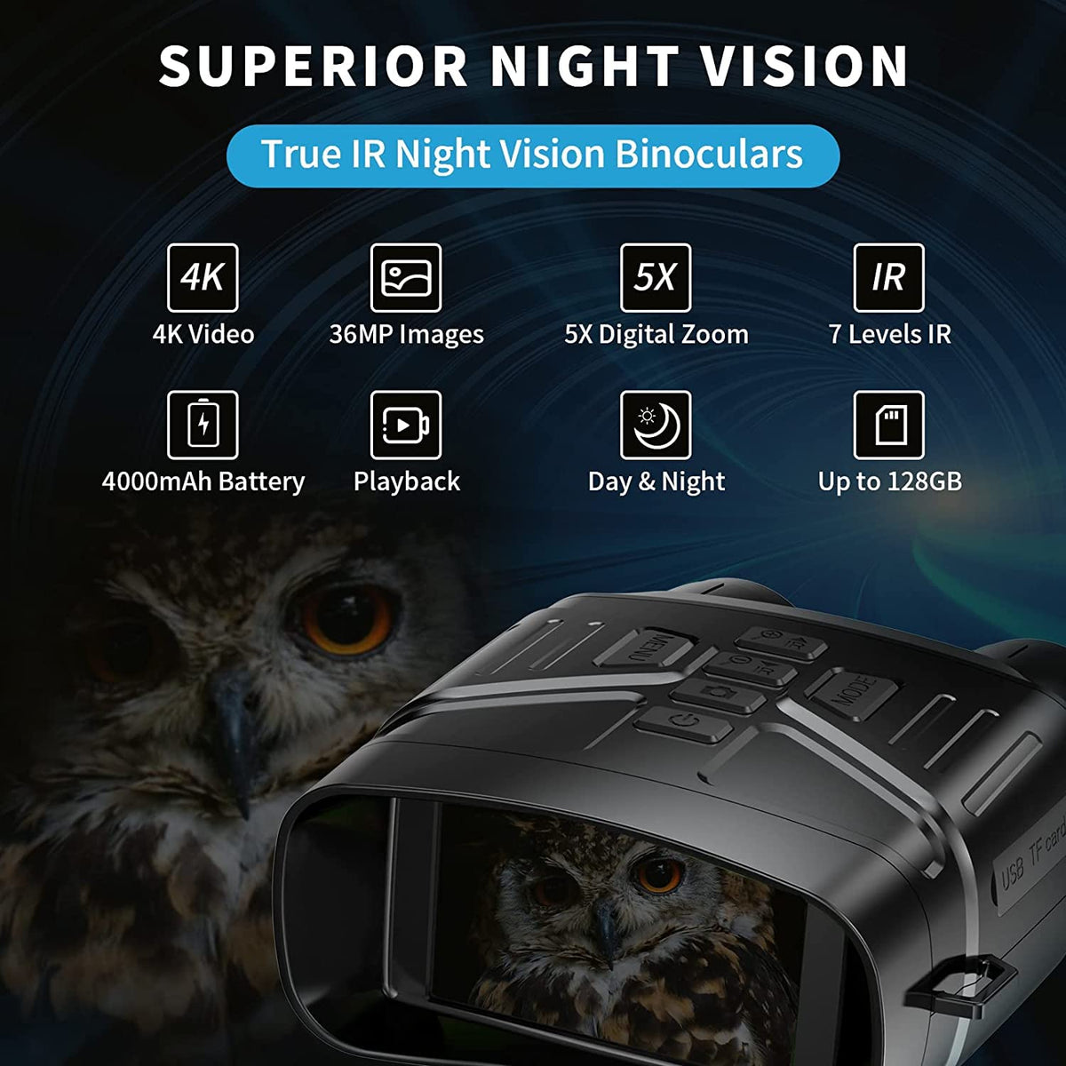 Jumelles Garvee NV4000 4K HD avec écran 3 pouces, vision nocturne infrarouge, caméra 36 MP, enregistrement vidéo en extérieur et batterie au lithium.