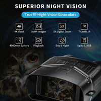 Jumelles Garvee NV4000 4K HD avec écran 3 pouces, vision nocturne infrarouge, caméra 36 MP, enregistrement vidéo en extérieur et batterie au lithium.