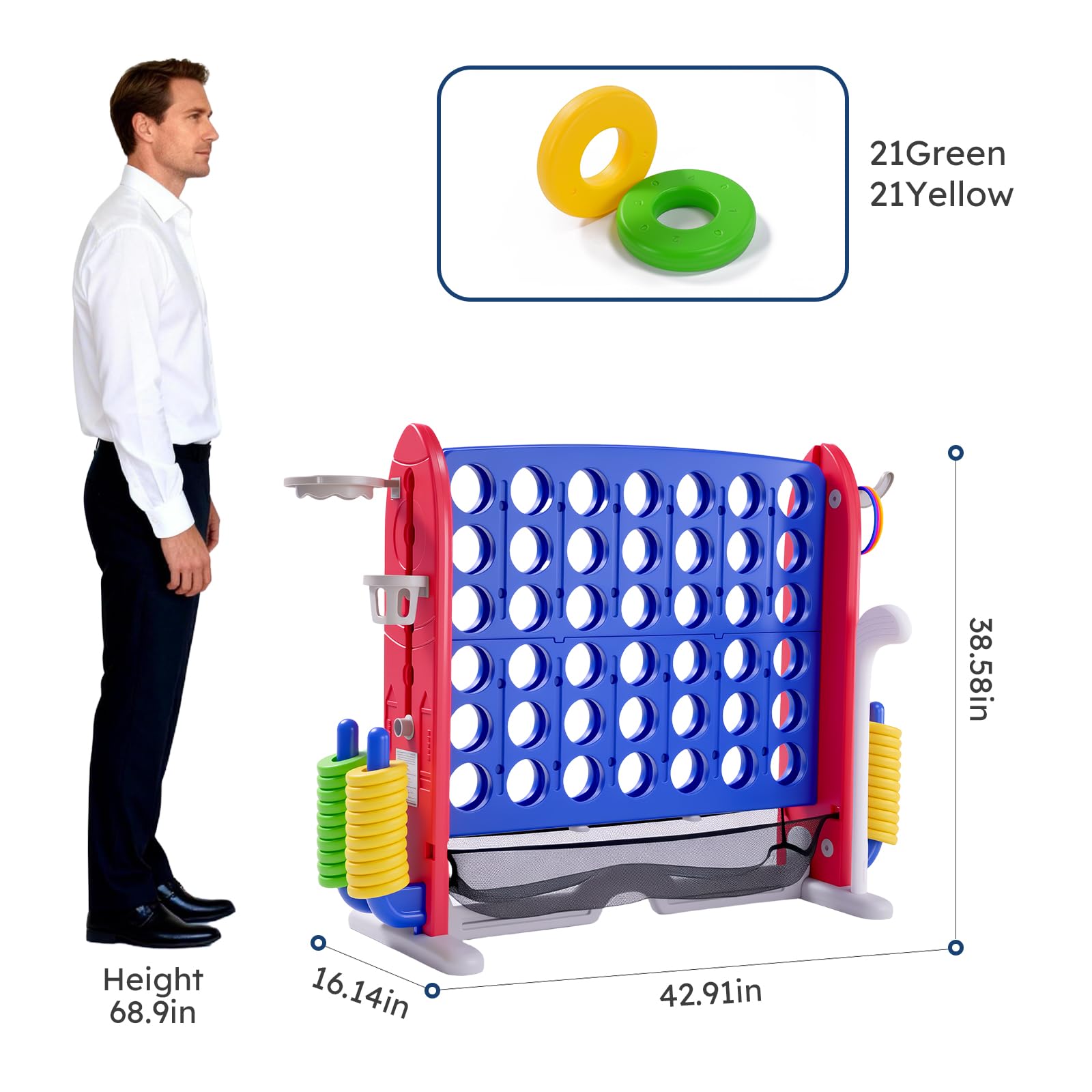 Système de jeu d'extérieur 3-en-1 Garvee Giant 4 Connect in a Row avec panier de basket et jeu de lancer d'anneaux, idéal pour les fêtes de famille, le jardin et la plage. Fabriqué en PE et PP, hauteur réglable et système de fixation rapide.