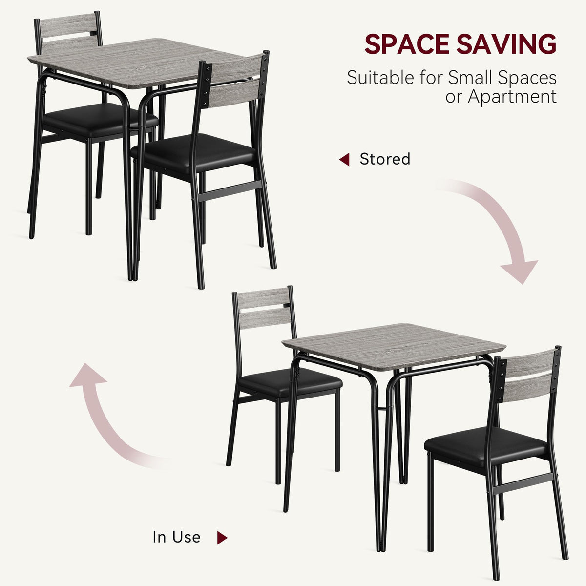 Garvee Ensemble table à manger 2 personnes, gain de place, sièges rembourrés, bois, dossiers ergonomiques, structure métal, idéal maison et bureau à domicile