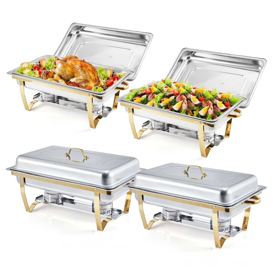 Ensemble de 4 chafing dishes Garvee dorés, 8 pintes (7,6 L), en acier inoxydable, dimensions : 62 x 35,5 x 30,5 cm. Idéal pour les grands événements, la restauration, les hôtels et les restaurants.