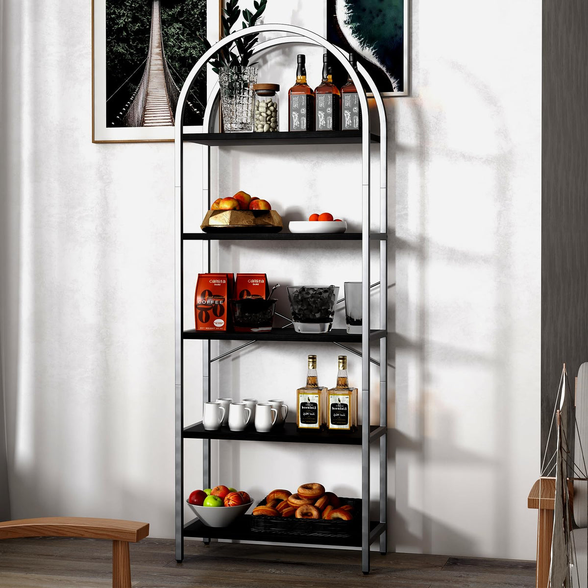 Garvee Étagère à 5 niveaux avec structure en métal, grande étagère ouverte, étagères arquées, noire pour salon et bureau
