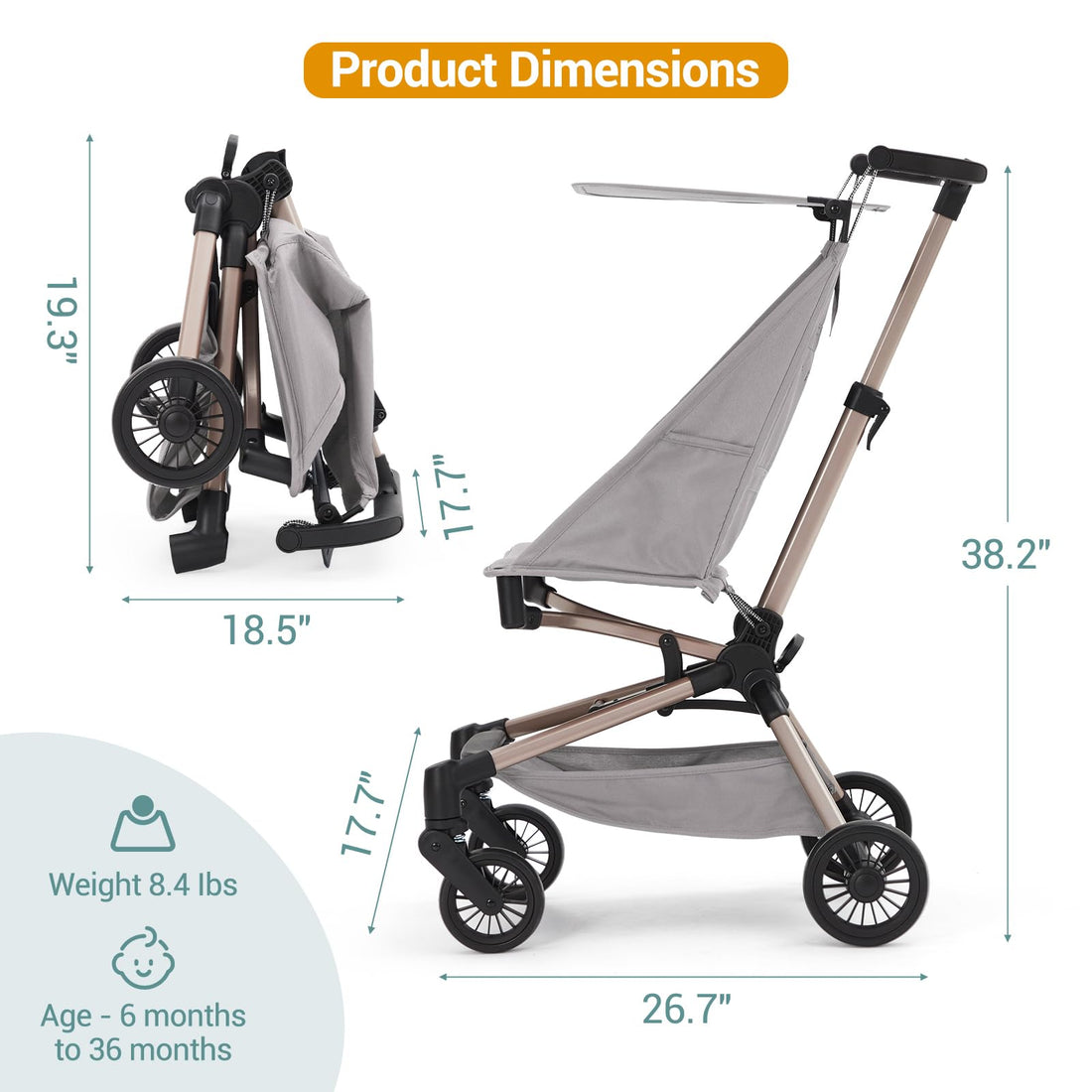 Poussette légère Garvee – Compacte et pliable avec nacelle, grise, 47 × 45 × 49 cm pour les voyages
