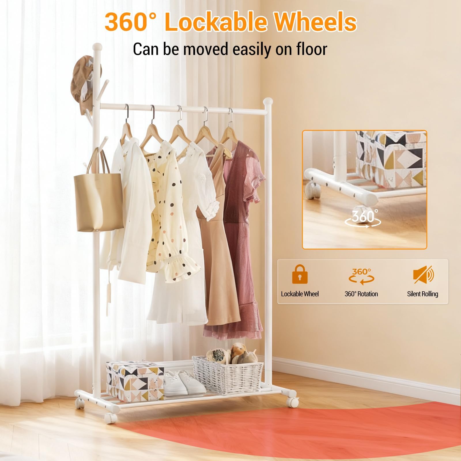 Portant à vêtements en métal Garvee avec roulettes, capacité de charge de 54 kg, roulettes pivotantes à 360°, blanc, pour chambre et salon, robuste et polyvalent