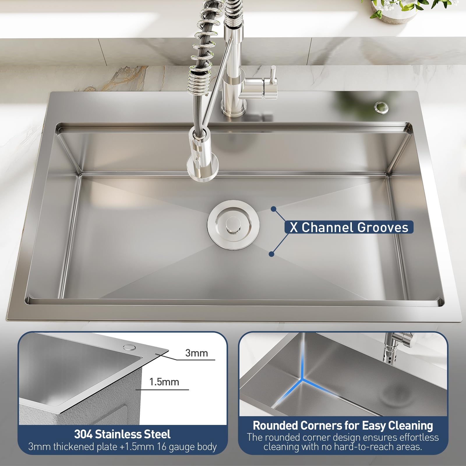 Garvee Évier de cuisine encastrable 61 x 46 x 23 cm en acier inoxydable, argenté, avec robinet extractible et accessoires pour cuisine moderne