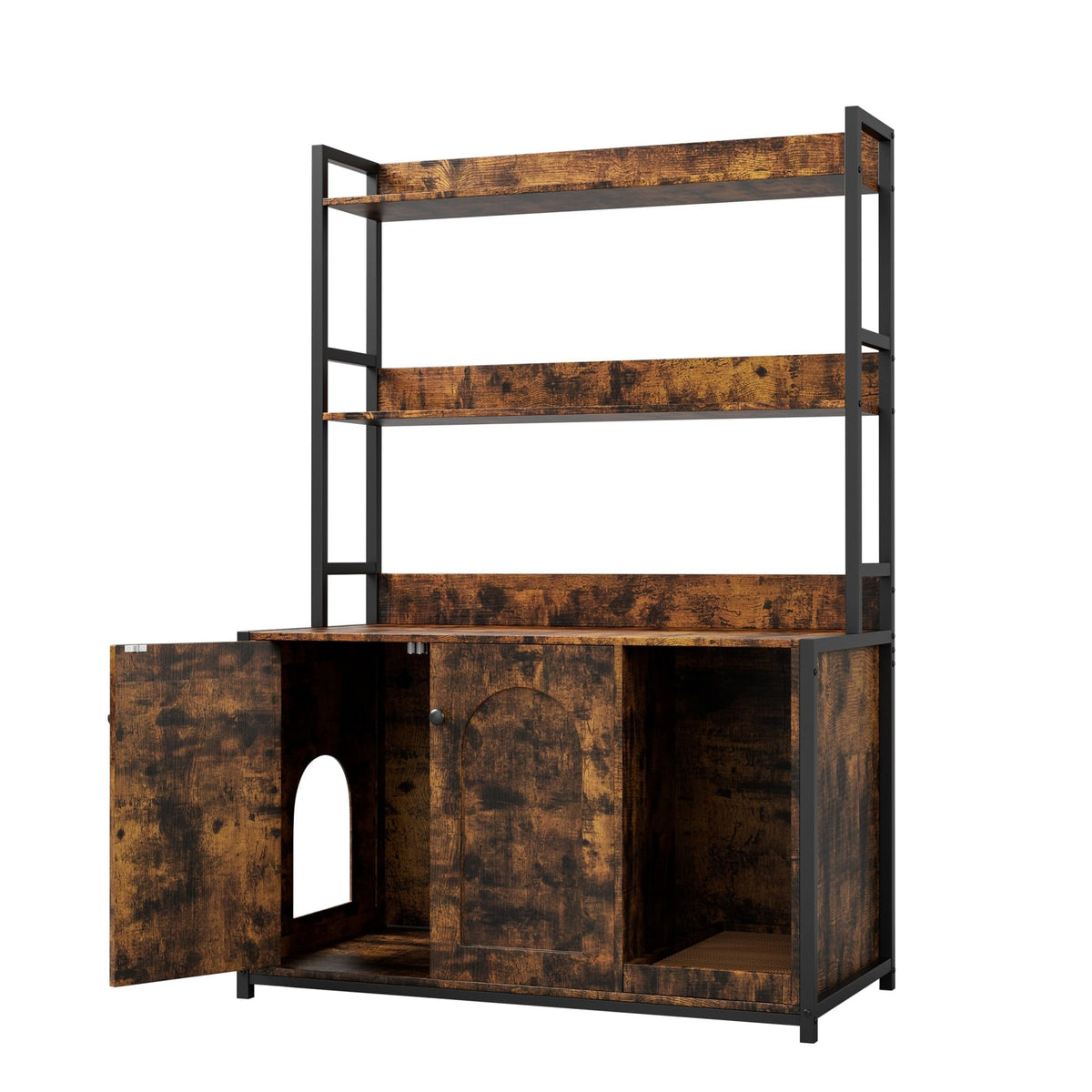 Garvee bac à litière pour chat avec 2 portes, griffoir, MDF, 2 étagères, cadre en acier pour le salon et la chambre, brun, 57 cm × 42 cm × 55 cm