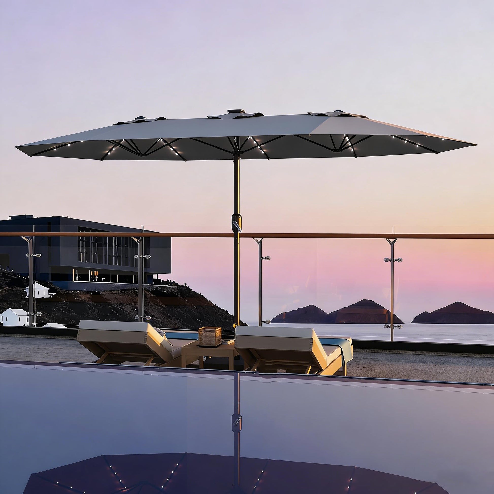 Garvee Parasol Rectangulaire 270 × 450 cm avec Éclairage LED et Recharge Solaire, Base Robuste, pour Terrasse, Jardin, Piscine et Événements, Gris