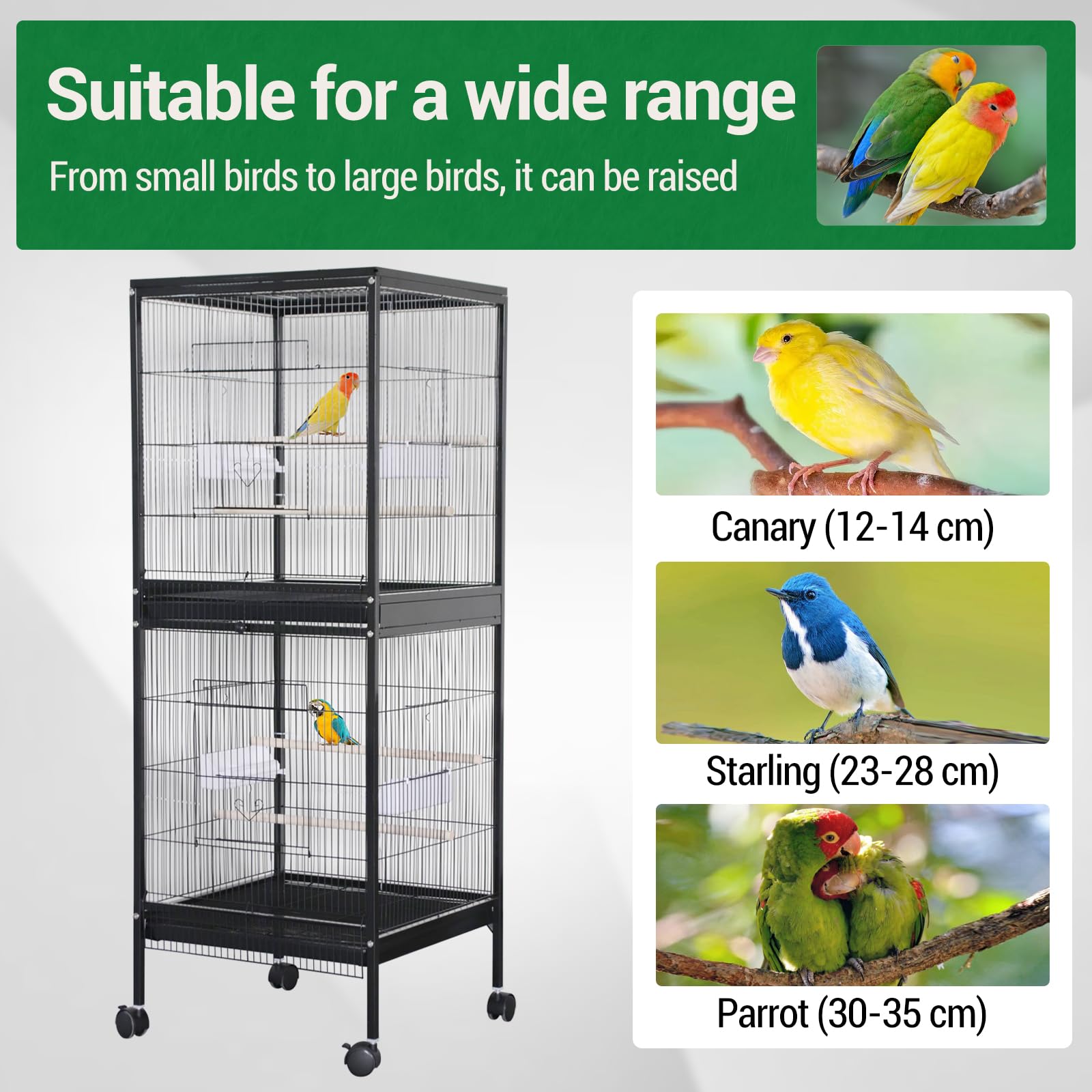 Cage à oiseaux Garvee 55" avec perchoirs en bois, métal, 4 portes, roulettes, pour oiseaux de petite et moyenne taille, usage domestique et vétérinaire, grande taille, noire