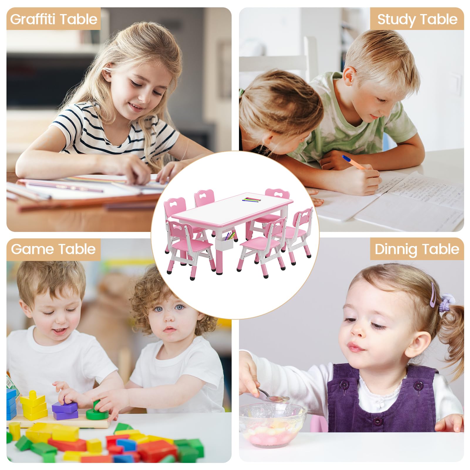 Ensemble table et 6 chaises pour enfants Garvee avec rangement, hauteur réglable, plateau à motifs graffiti, pieds antidérapants, table d'activités pour la maison et la maternelle.