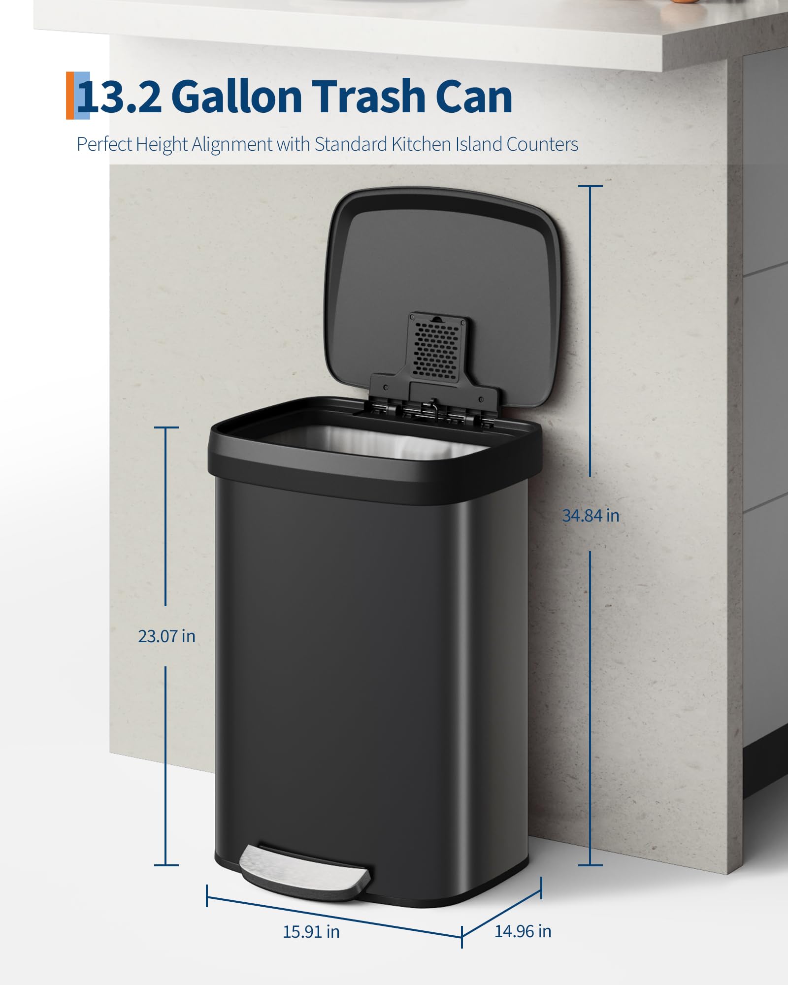 Poubelle métallique Garvee 50 L (13 gal) avec couvercle à fermeture douce, noire, pour la cuisine et le bureau, antirouille, compacte