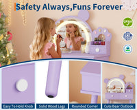 Ensemble coiffeuse pour enfants Garvee avec lumière LED, miroir ours, rangement, bois MDF, violet, pour chambre et salle de jeux