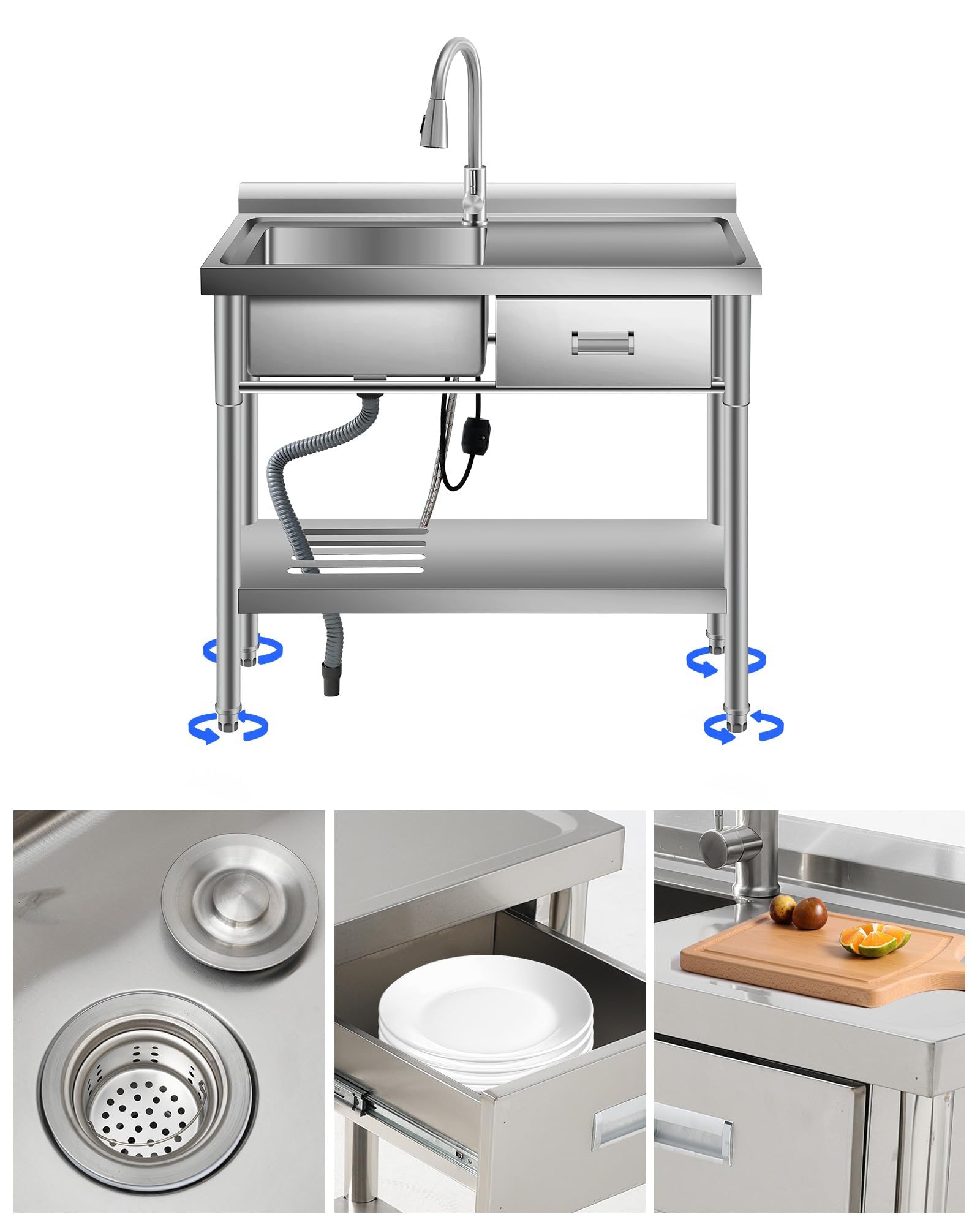 Garvee Évier utilitaire sur pieds 99 cm en acier inoxydable avec tiroirs, cuve simple, étagère inférieure, eau chaude/froide, argenté
