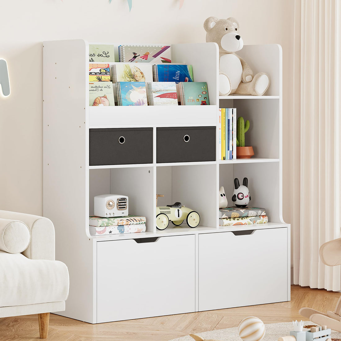 Étagère de rangement pour jouets Garvee, 121,4 cm (47,8 po), bibliothèque pour enfants avec tiroirs, étagère en bois moderne pour salle de jeux, salle de classe, chambre d'enfant