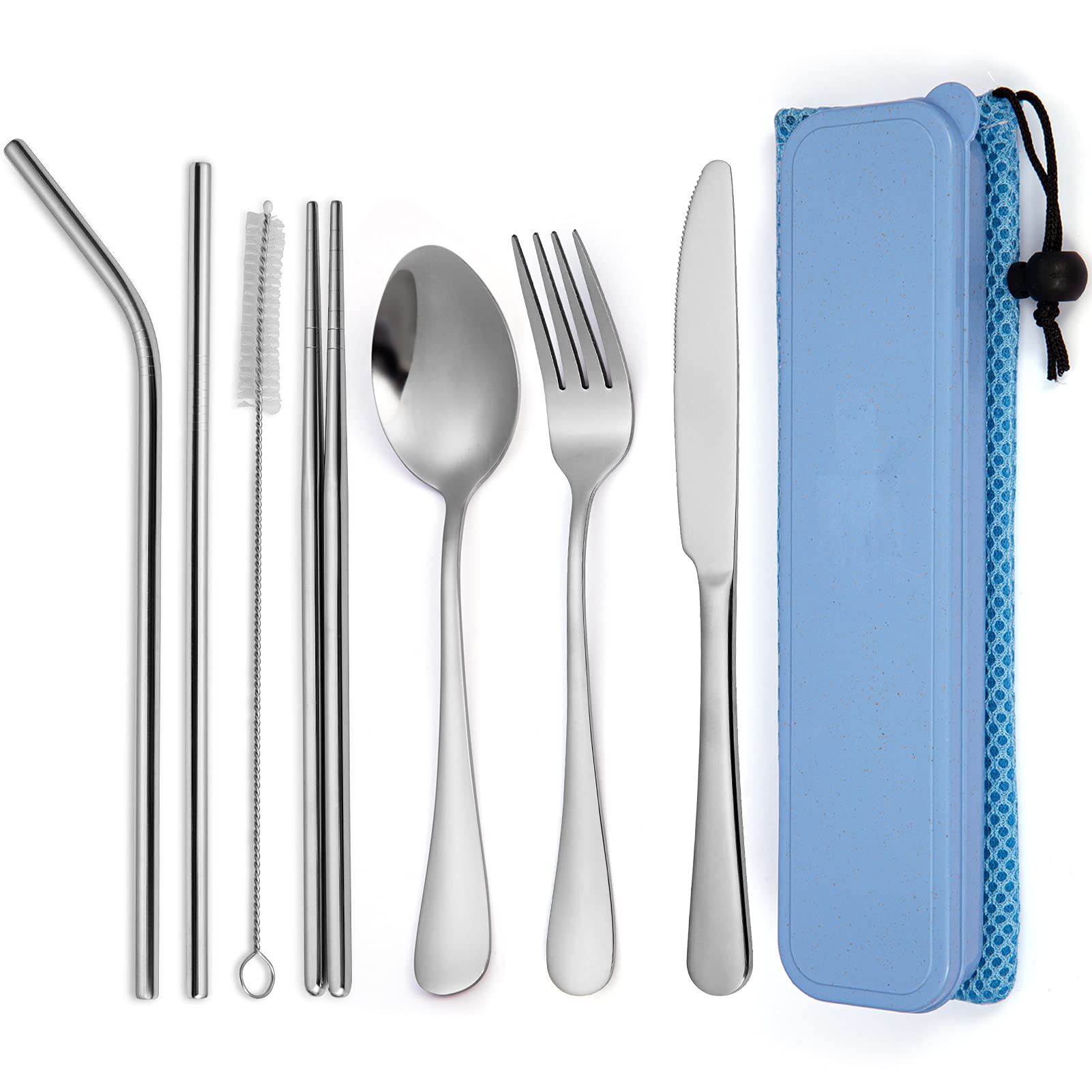 Ensemble de couverts Garvee 9 pièces en acier inoxydable pour les voyages, le camping et les pique-niques en plein air, avec rangement, bleu.