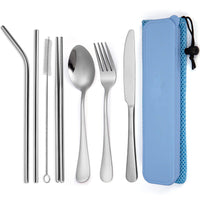Ensemble de couverts Garvee 9 pièces en acier inoxydable pour les voyages, le camping et les pique-niques en plein air, avec rangement, bleu.