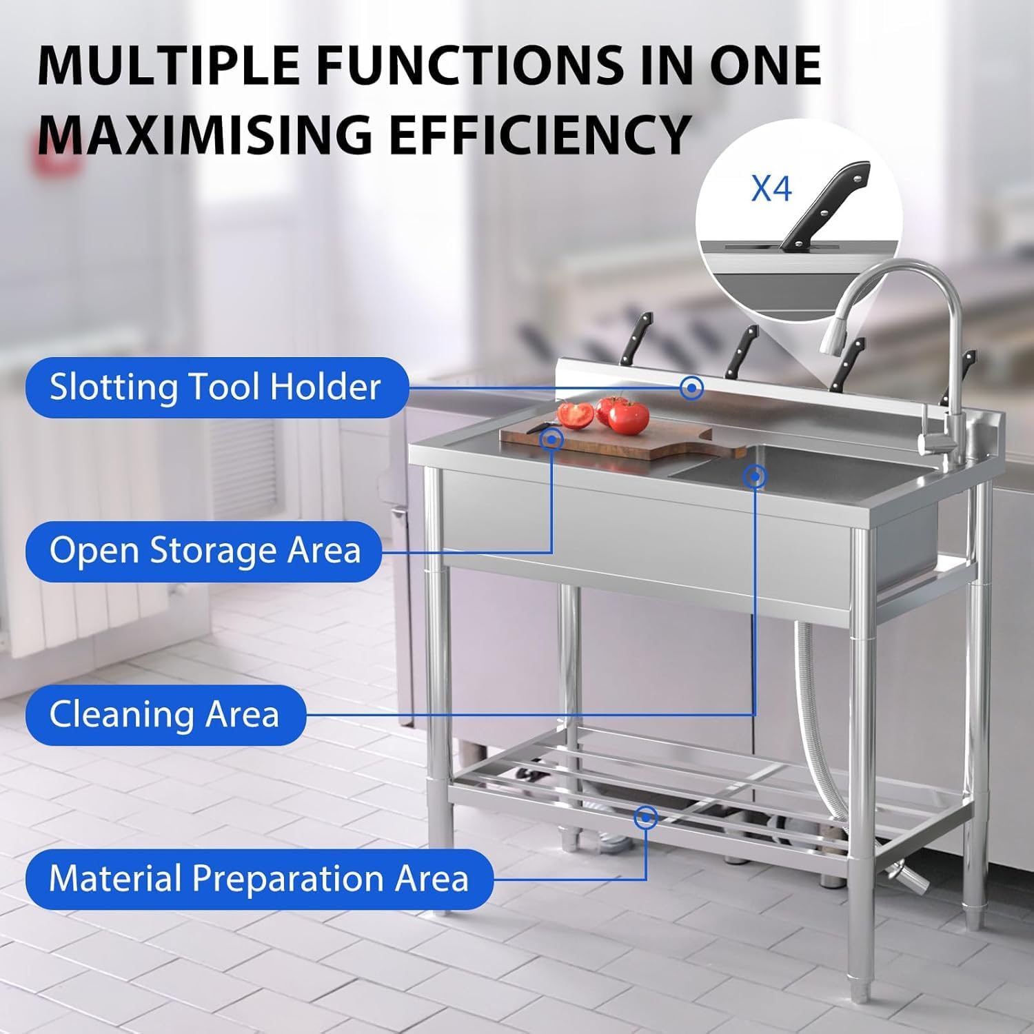 Garvee Évier Professionnel sur Pied en Inox 99 x 50 x 96 cm avec Robinet Extractible et Étagère, pour Cuisine Commerciale et Extérieur, Argenté