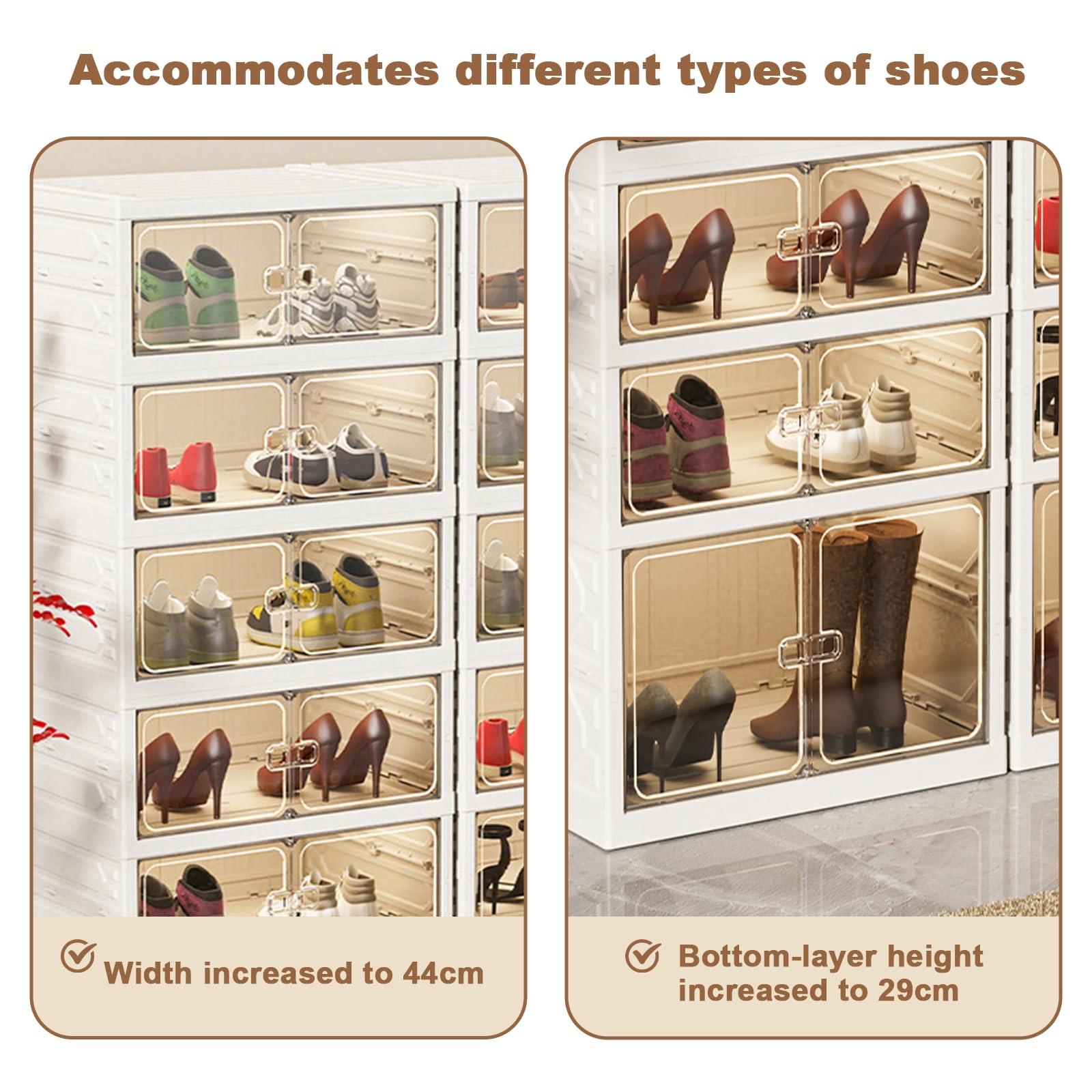 Étagère à chaussures pliable Garvee à 9 niveaux avec portes transparentes empilables, idéale pour l'entrée et le salon. Robuste, facile à nettoyer et équipée de roulettes. Couleur : marron.