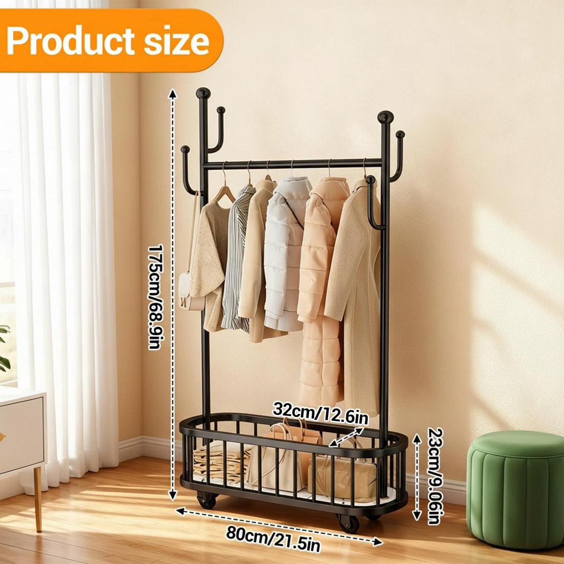 Garvee Ptant à vêtements à roulettes avec structure en métal, roulettes pivotantes à 360°, grand panier pour chambre et boutique, 100 × 175 cm, couleur métallisée, noir, 80 × 32 cm