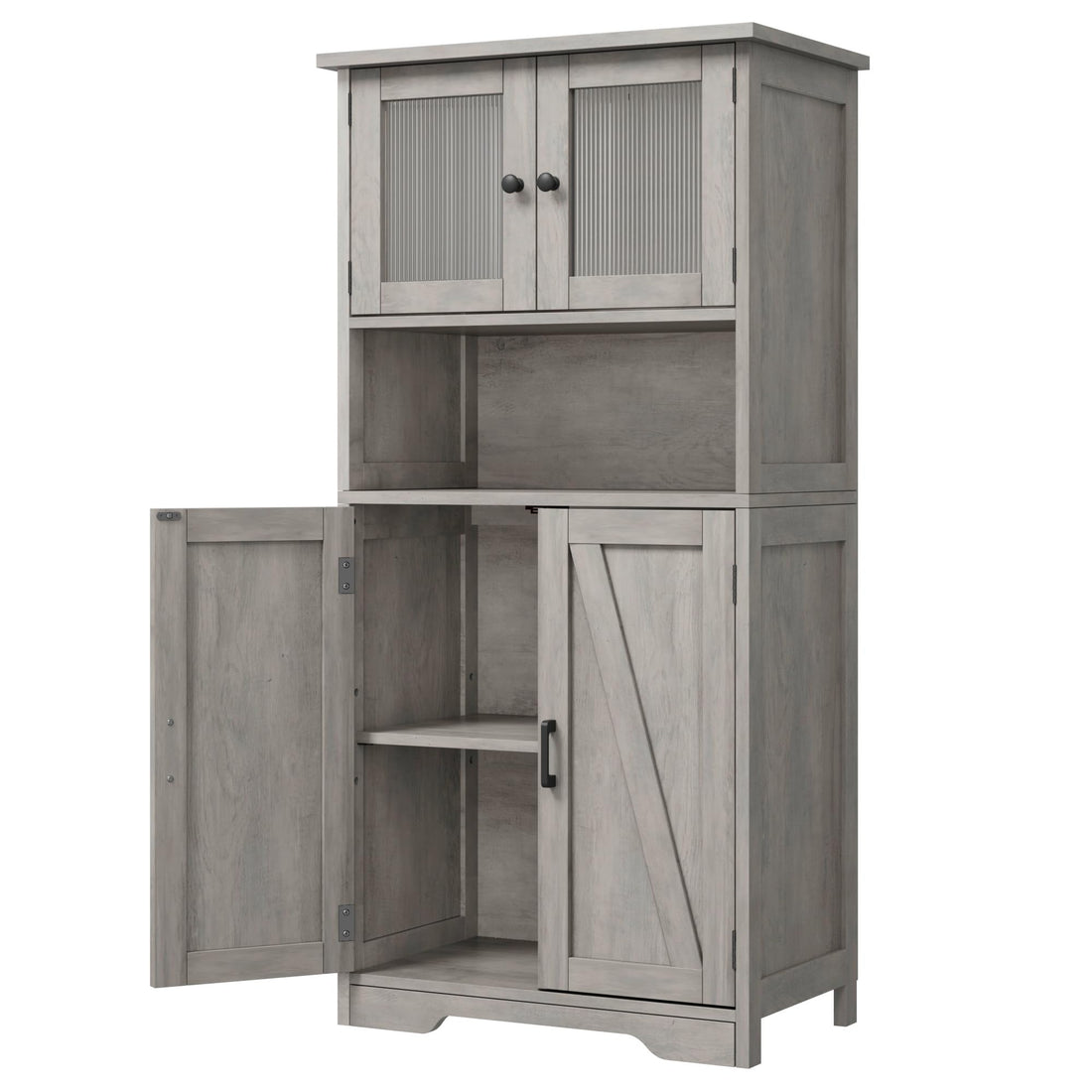 Armoire de salle de bain haute Garvee à 4 portes, étagères réglables, MDF, grise, pour cuisine et salon, autoportante, 60 x 30 x 128 cm