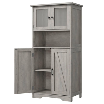 Armoire de salle de bain haute Garvee à 4 portes, étagères réglables, MDF, grise, pour cuisine et salon, autoportante, 60 x 30 x 128 cm