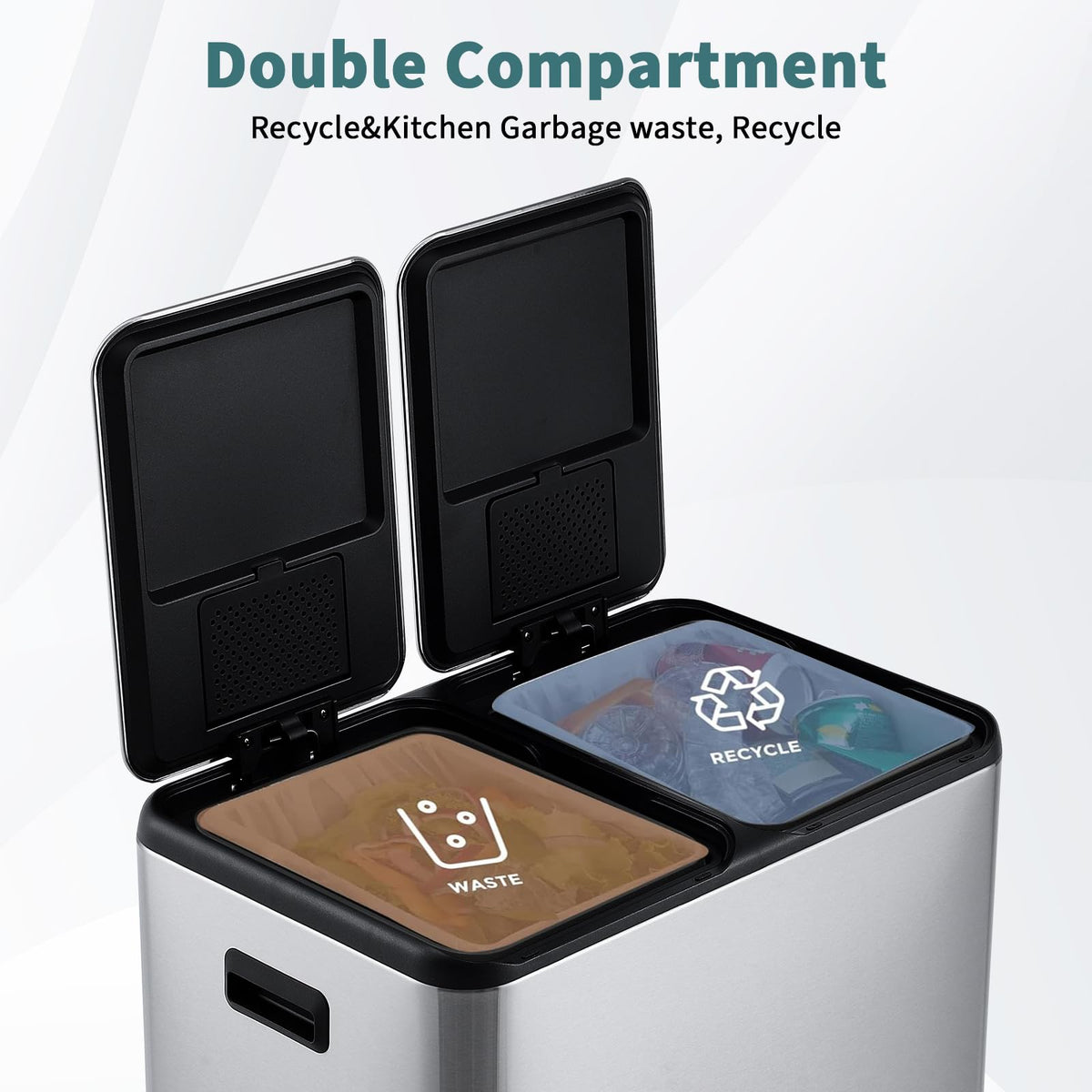 Poubelle de cuisine Garvee 2 x 30 L, en acier inoxydable, avec système de tri des déchets, double compartiment, silencieuse, couleur argent, 60 L